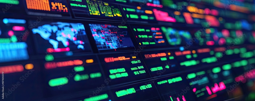 Poster colorful digital data displays on a futuristic interface, abstract technology background.