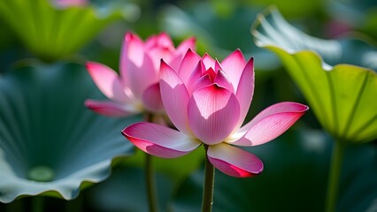 Obraz premium Vibrant pink lotus flower in full bloom surrounded by lush green leaves, symbolizing peace.