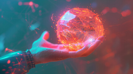 Metaverse Virtual Technology.Woman hand holding global network connection. Internet communication, Wireless connection technology. Futuristic technology with polygonal shapes 