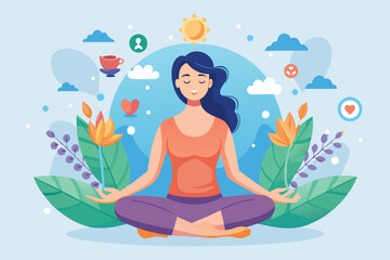 A person practices meditation outdoors, surrounded by nature, promoting mental, Health benefits for body, mind, and emotions through lotus position and thought process, shown in a flat illustration.