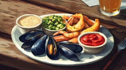 Fresh seafood dinner with mussels, clams, and dipping sauces