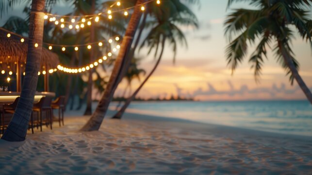 A tranquil beach scene at sunset, adorned with string lights hanging from palm trees, creating a warm and inviting atmosphere.