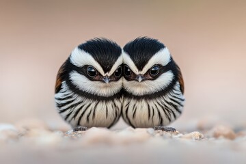 Fototapeta premium A couple of small birds sitting on top of a gravel ground