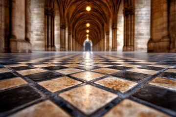 A long hallway with a checkered floor in a building