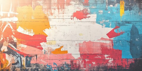 Fototapeta premium Colorful abstract graffiti decorates a modern wall. Vibrant urban art creates a dynamic texture. Splattered paint and vibrant spray art define this textured background, showcasing an artistic
