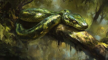 Sleek Green Anaconda Coiled on a Tree Branch