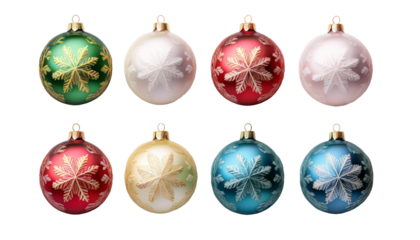 A set of 8 colorful of Christmas baubles with snowflake pattern PNG transparent background for Christmas decoration.