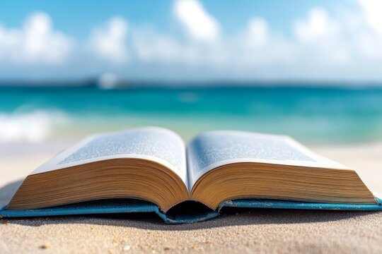 An open book sitting on top of a sandy beach