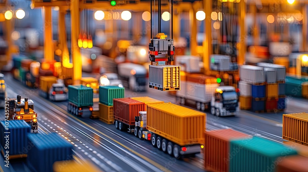 Poster cargo containers being loaded at a busy shipping terminal during twilight hours.