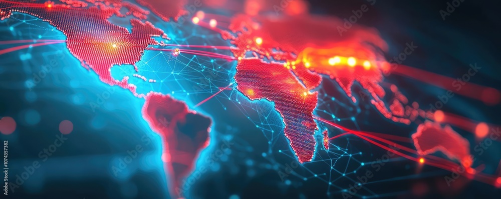 Poster digital map of the world with bright neon colors and network connections.