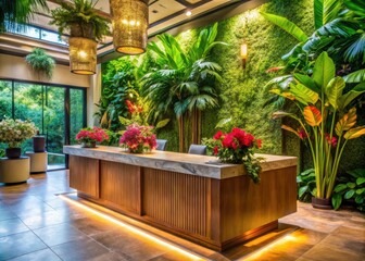 Fototapeta premium Luxury Hotel Reception Desk in a Tropical Garden Paradise for Upscale Travel Photography