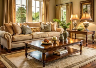 Luxury Living Room with Beige Sofa and Coffee Table in Vintage Style Photography, Northwest USA