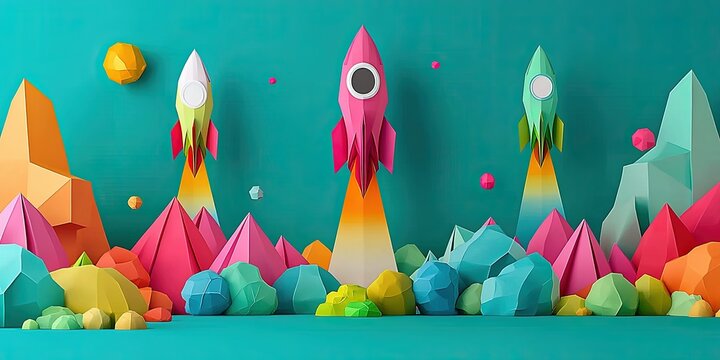 Colorful rocket in a vibrant landscape. Rockets in the cosmos ignite imagination and innovation. Space adventure and exploration a fantasy setting, low poly design for future technology journeys.