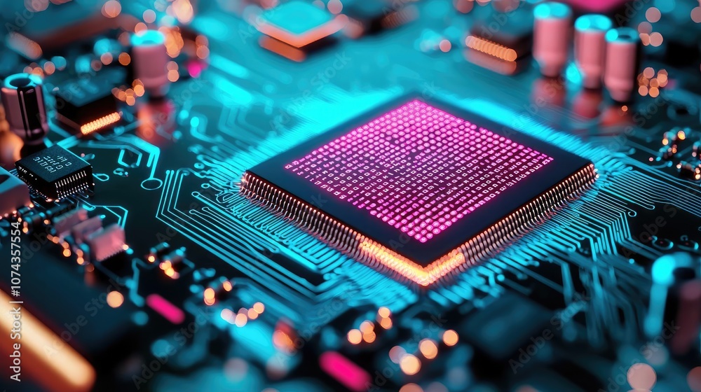 Aufkleber Close-up view of a modern microprocessor on a circuit board, illuminated in vibrant colors.
