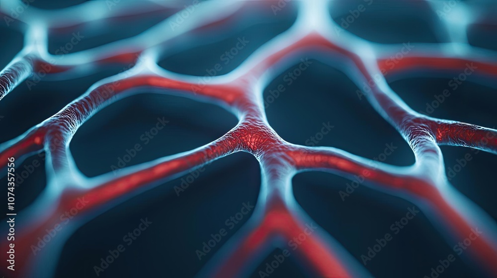 Poster abstract close-up of intricate network structure, vibrant red and blue colors.