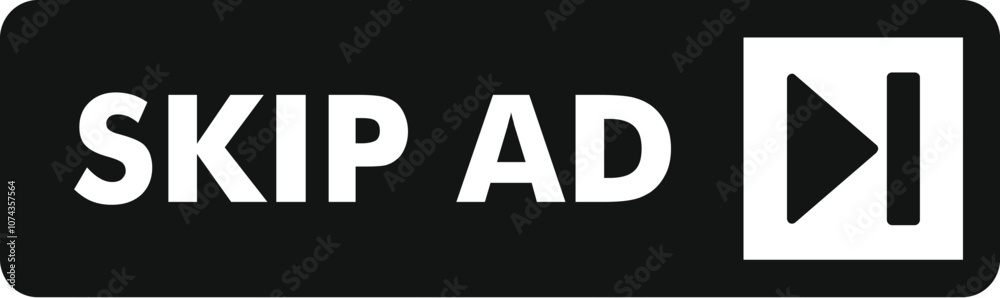 Poster black and white skip ad button with arrow icon, enabling viewers to skip advertisements and proceed 