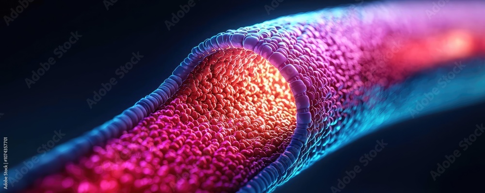 Poster Close-up of a glowing cell structure on a dark background.