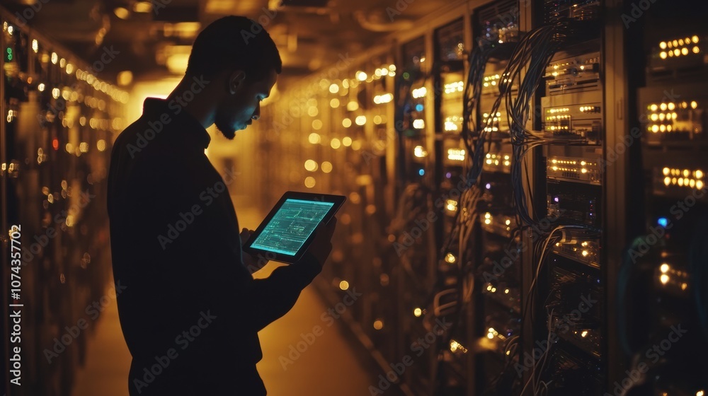 Poster technician monitoring data using tablet in server room