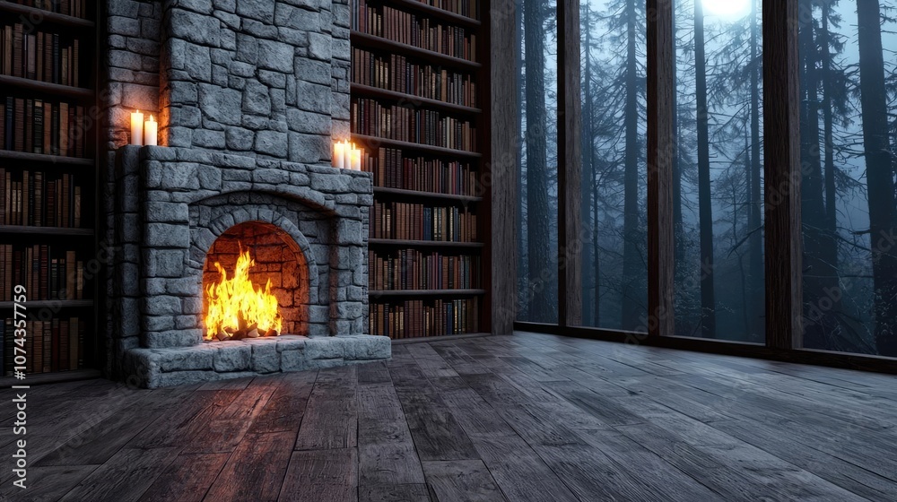 Poster cozy fireplace in a rustic room with bookshelves and large windows.