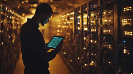 Technician Monitoring Data Using Tablet in Server Room