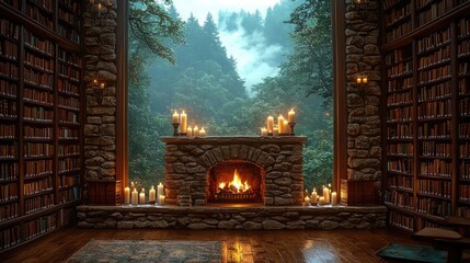 Cozy library interior with a fireplace and candles, surrounded by lush forest views.