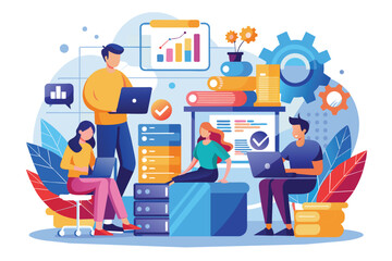 A diverse group collaborates on strategizing data management techniques in a colorful office, Humans are considering how to handle data, flat illustration.