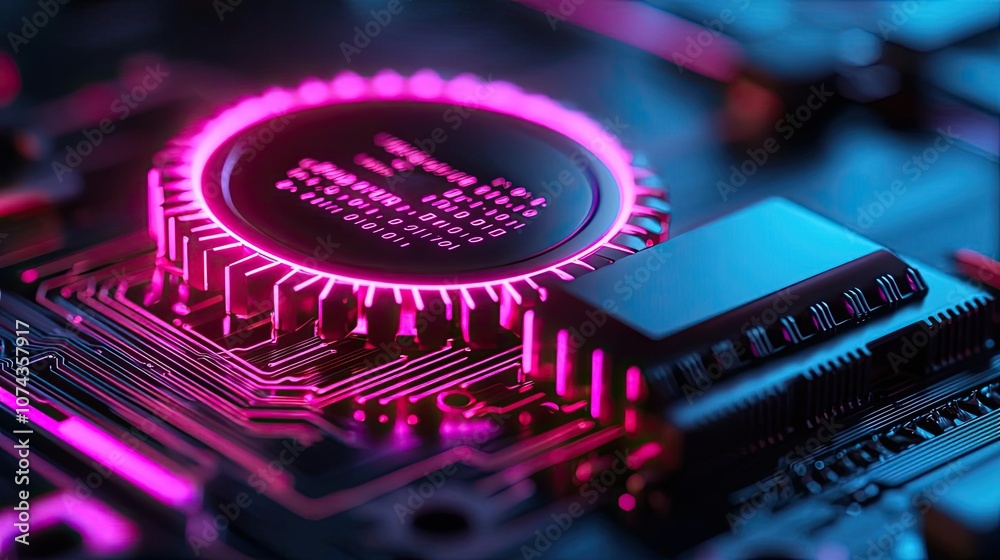 Poster close-up of a vibrant circuit board with neon lights and digital elements.