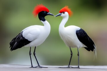 Obraz premium A couple of birds standing next to each other on a wooden surface