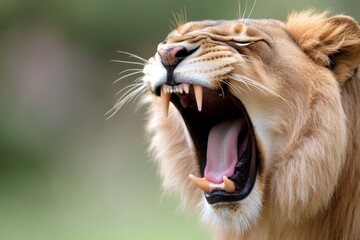 A close up of a lion yawning with its mouth open