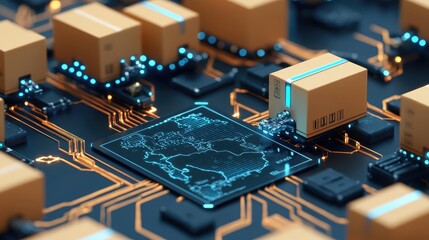 Close-up view of a circuit board with intricate design and glowing components.