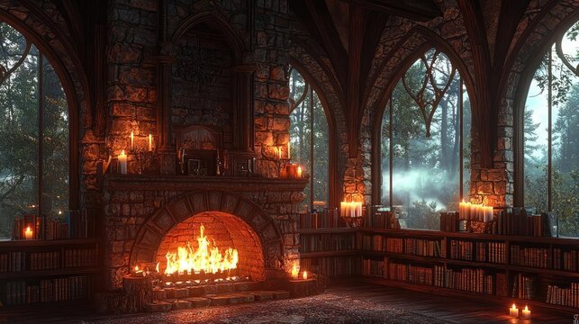 Cozy library with stone fireplace and large windows, illuminated by candlelight.