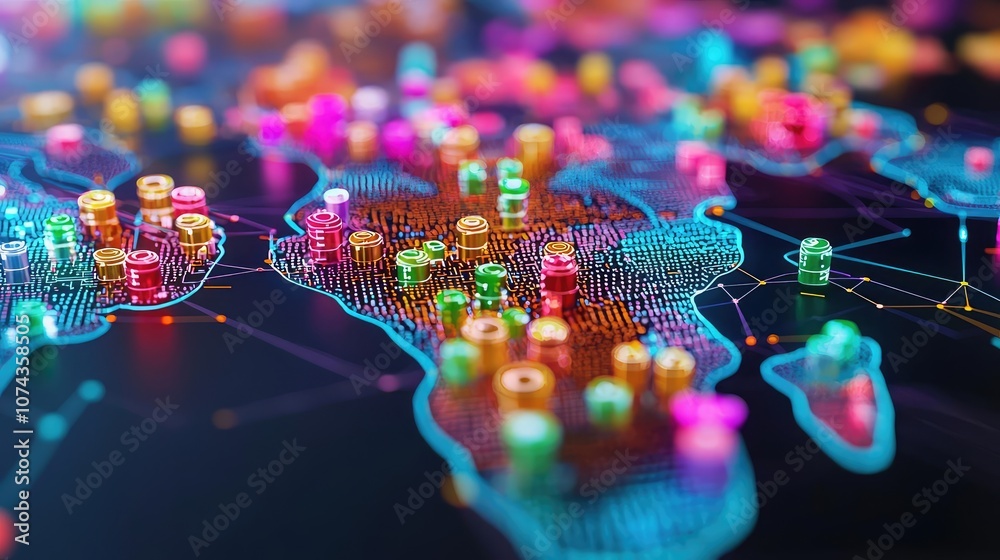 Poster colorful digital map of africa with bright data points and network connections.