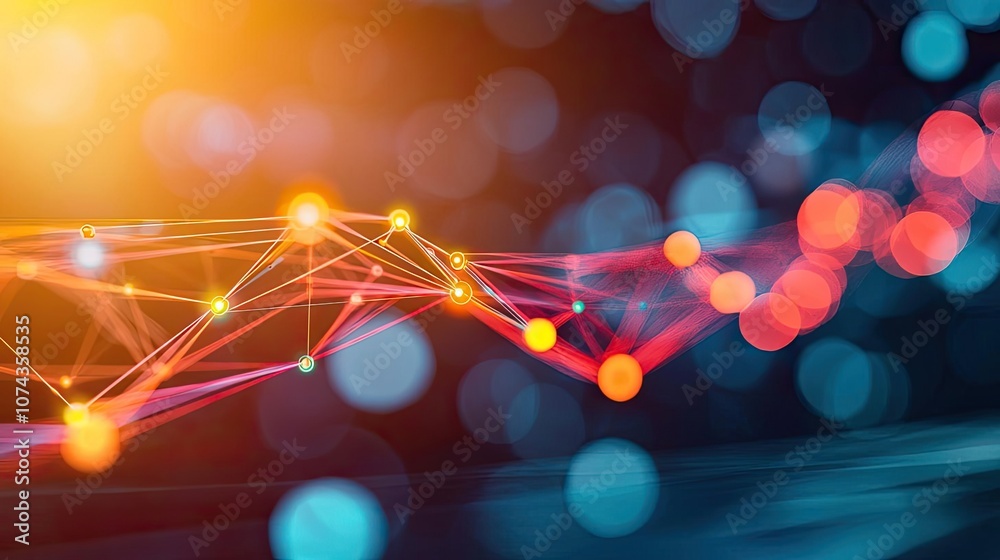 Poster colorful light network with glowing dots on a blurred background