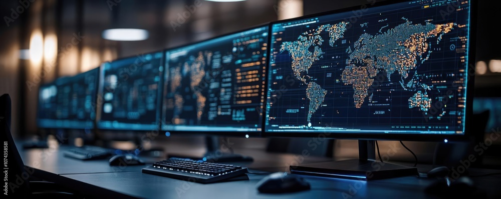Poster High-tech monitoring station with multiple screens displaying global data.