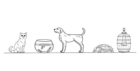 Pets. Simple linear drawing of pets - a dog, a cat, a turtle, an aquarium with fish, a cage with a bird on a white background. Vector illustration with simple design, black lines