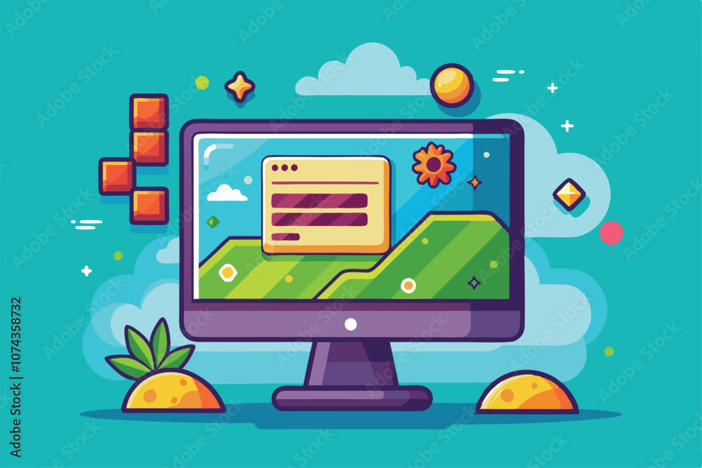 Fototapete a colorful computer display shows a game loading screen with playful graphics and animations, illust