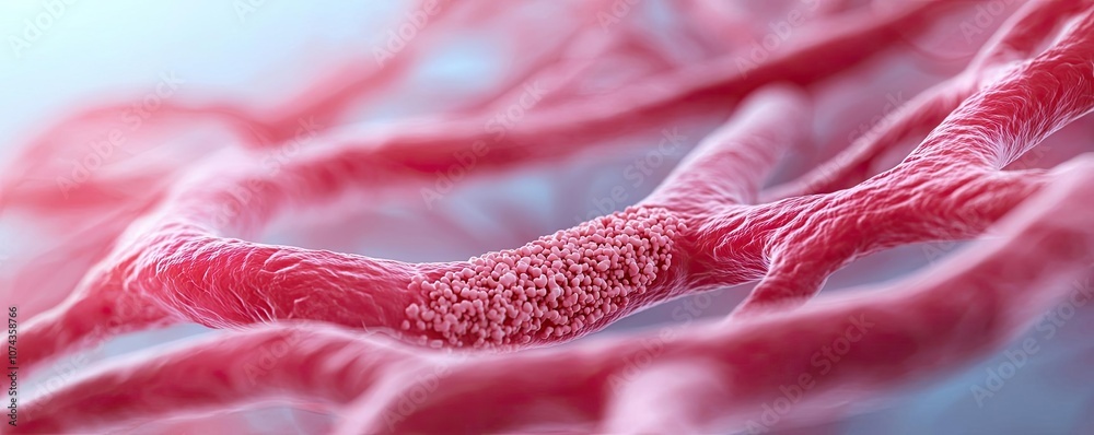 Poster Close-up of pink cellular structures on a blue background.