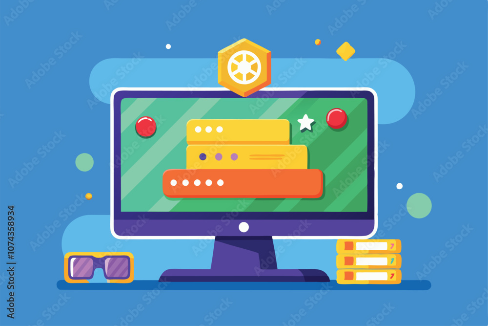 Fototapete a colorful game loading screen is displayed on a computer monitor with playful design elements, illu