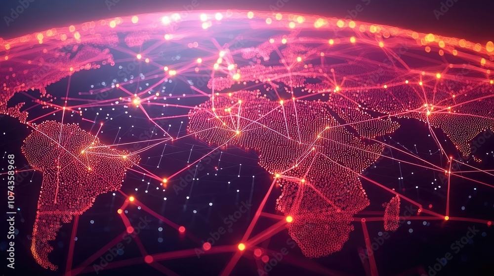 Aufkleber Digital network connections over a globe visualized in a vibrant red and black color scheme.