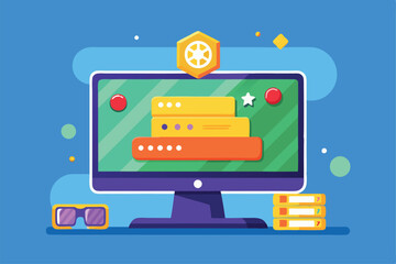 A colorful game loading screen is displayed on a computer monitor with playful design elements, Illustration of a computer display with a game loading
