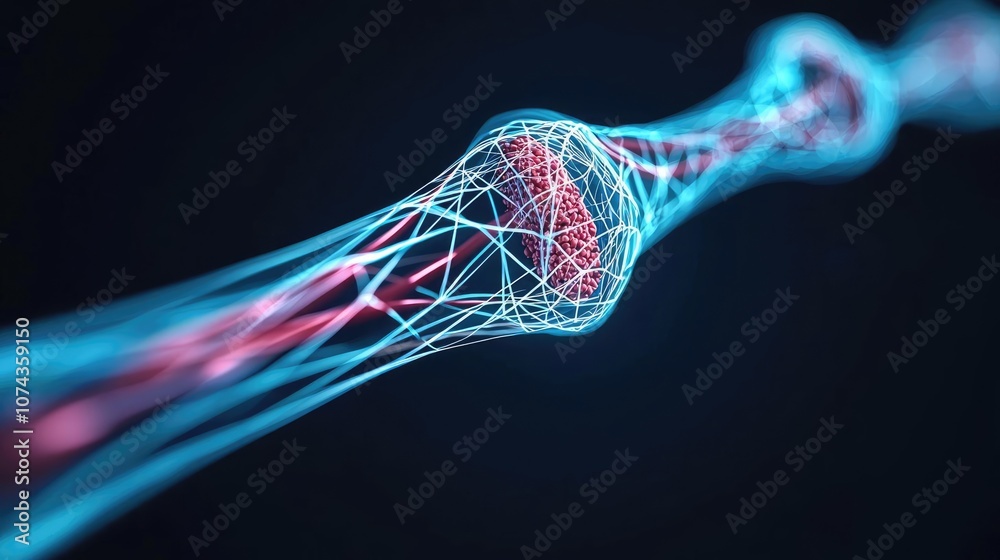 Poster Abstract digital neuron structure with glowing blue and red connections.