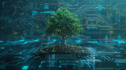 Tree with soil growing on the converging point of computer circuit board. Blue light and wireframe network background. Green Computing, Green Technology, Green IT, csr, and IT ethics Concept