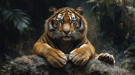 A majestic tiger with striking orange and black stripes, rests its paws on a rock, staring intently at the viewer in a dense, green jungle.