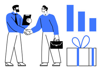Two business professionals shake hands one holds a clipboard, another a briefcase. Bar graph and wrapped gift presented. Ideal for success, cooperation, partnerships, achievements, teamwork, rewards