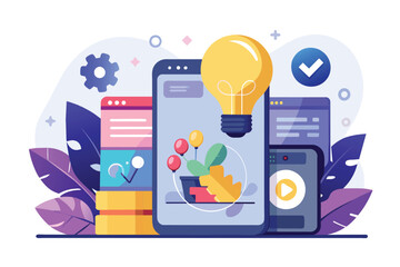 Colorful design featuring mobile devices, icons, and graphics depicting a business landing page layout, Business partners with luggage and flat illustration.