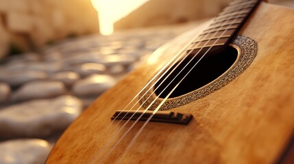 Fototapeta premium A close up of an acoustic guitar on a rocky beach