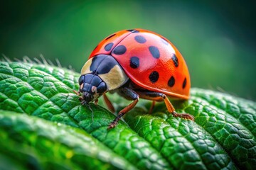Macro Shot of a Ladybug on Green Leaves in a Vibrant Garden Setting
