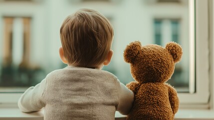 A Child and Teddy Bear Watching Outdoors from a Window, Evoking Feelings of Innocence and Imagination in a Serene Home Setting
