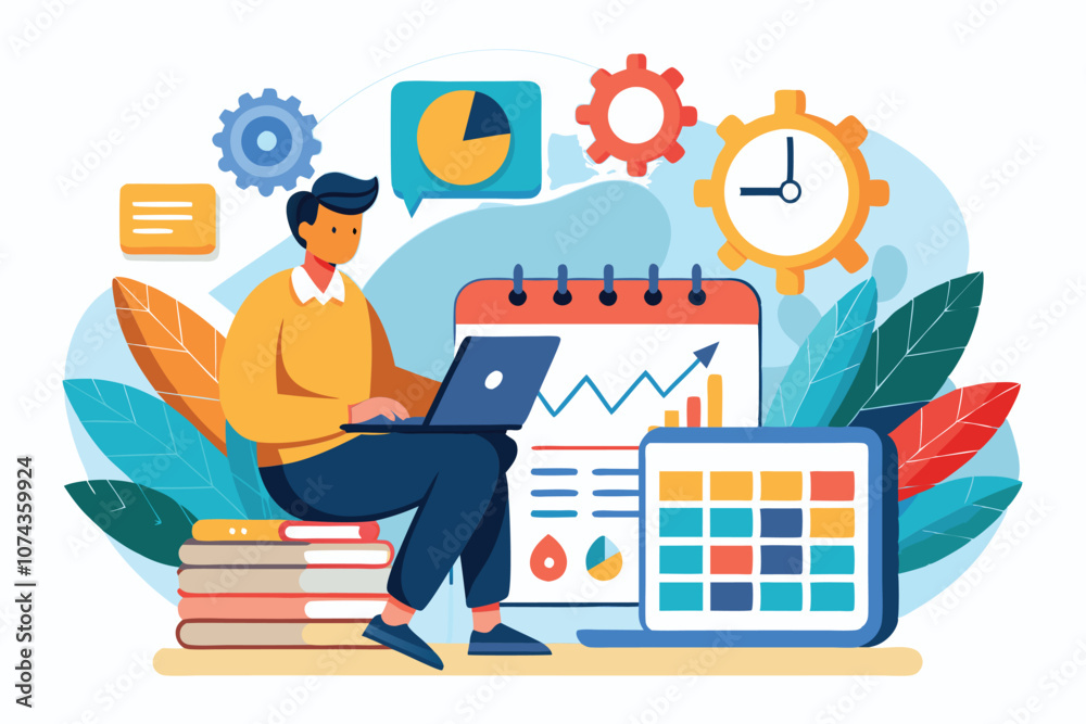 Poster a data analyst focuses on analysis tasks with various charts and graphs displayed in a vibrant works