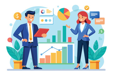 A male and female business professionals engage in a discussion while reviewing charts and graphs together, Illustration of a male and female business professional with a statistics bar.